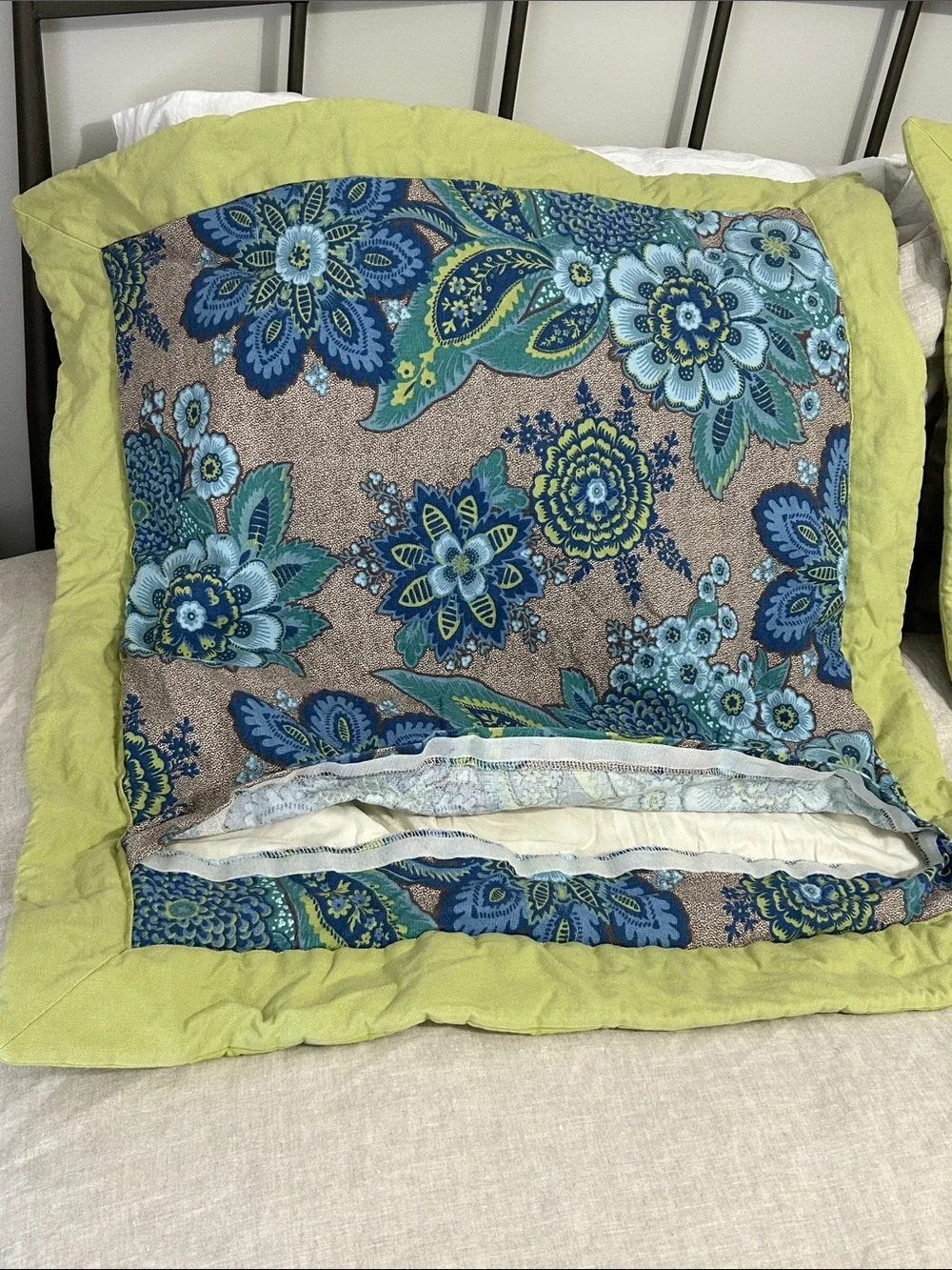 Set of two Square euro sham pillow covers.Floral Blue & Lime. 30 x 30 inches